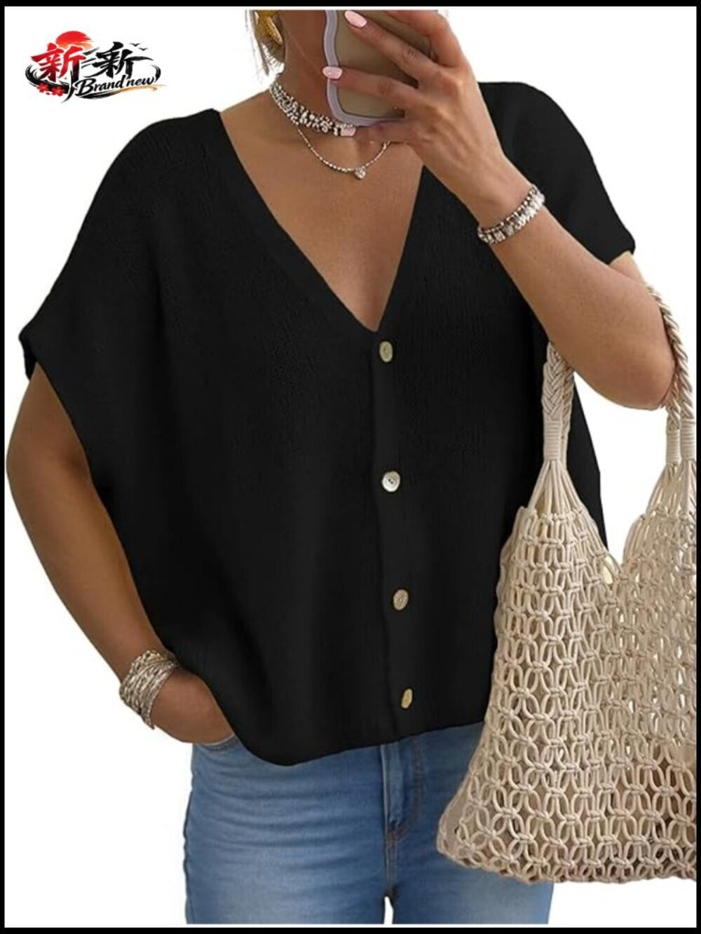 Oversized Batwing Short Sleeve Cardigan Sweater Lightweight Knit V-Neck